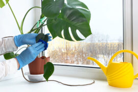 Hands processing potted plant Monstera against diseases, crop pests. Indoor flower and water can on windowsill at winter.