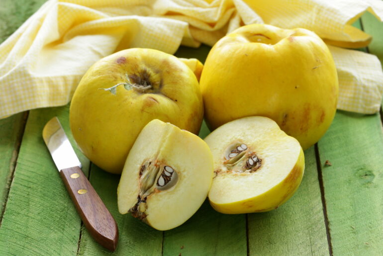 ripe yellow quince on a wooden table